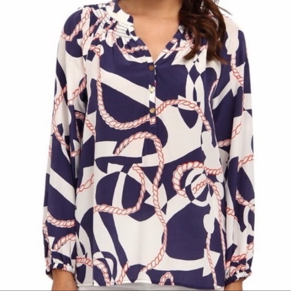 Lilly Pulitzer Navy, White & Pink Rope-Print Long Sleeve Blouse